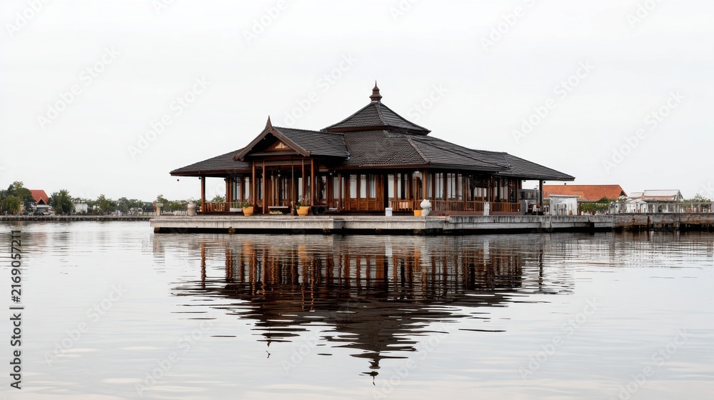 Fototapeta premium Modern Wooden House on Water Surrounded by Calm Reflection