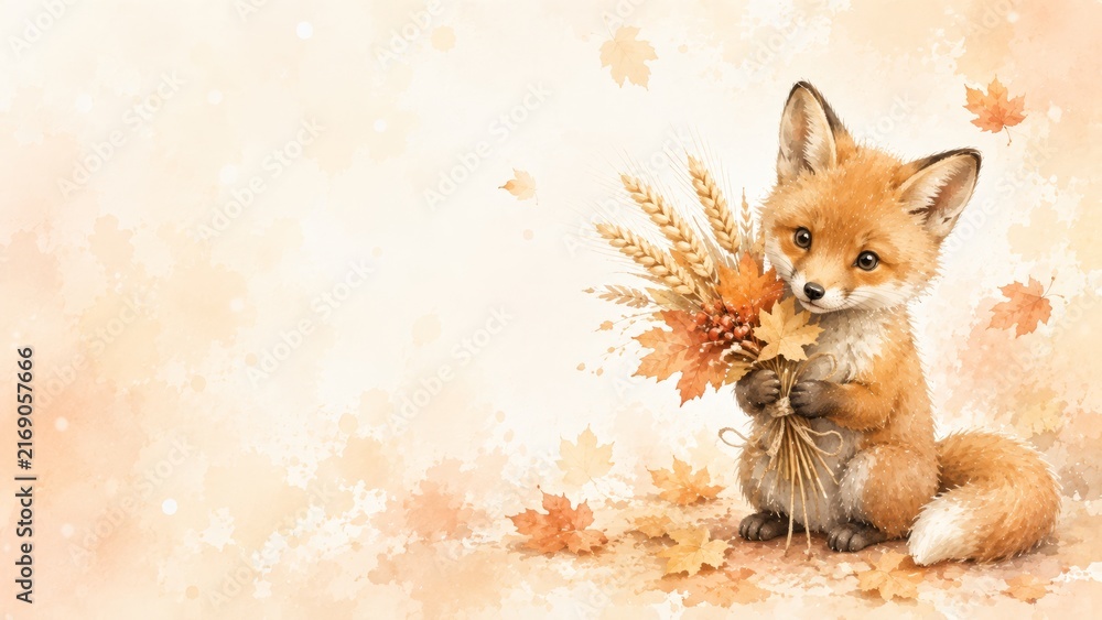 Naklejka premium Watercolor autumn fall thanksgiving harvest with fox holding wheat and leaves on pastel background. seasonal celebration, cute animal illustration, nature decor, fall design copy space
