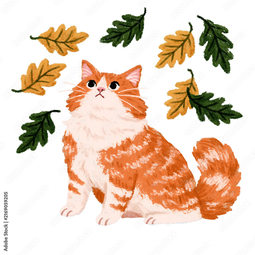 Fototapeta premium Oil pastel hand-drawn style illustration of a fluffy orange cat and autumn leaves, fall