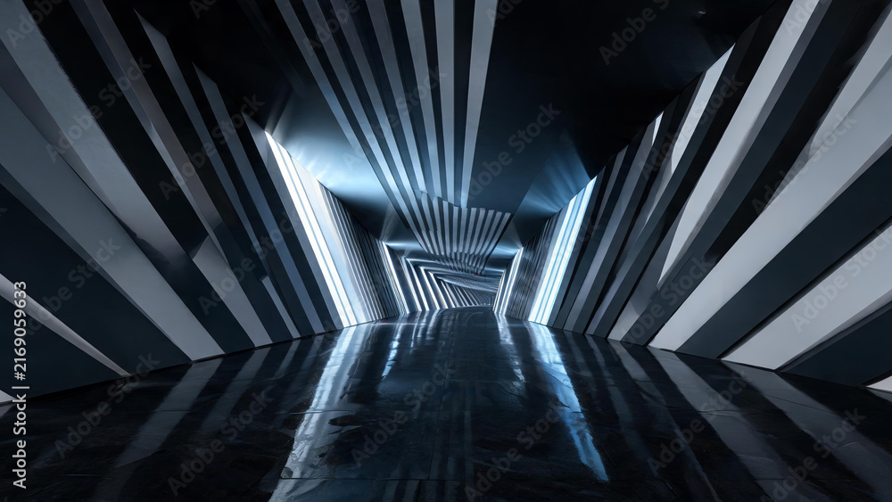 Fototapeta premium A sleek futuristic abstract tunnel interior with glossy reflective floor, geometric striped walls and light beams, creating a sense of depth and modern design.