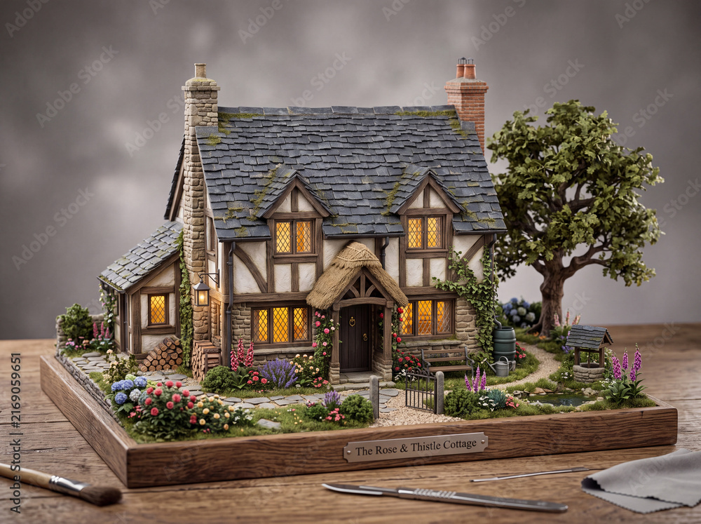 Fototapeta premium A highly detailed miniature handmade replica of an ancient english rural village home featuring warm glowing windows surrounded by blooming flowers and a large tree sitting on a wooden display