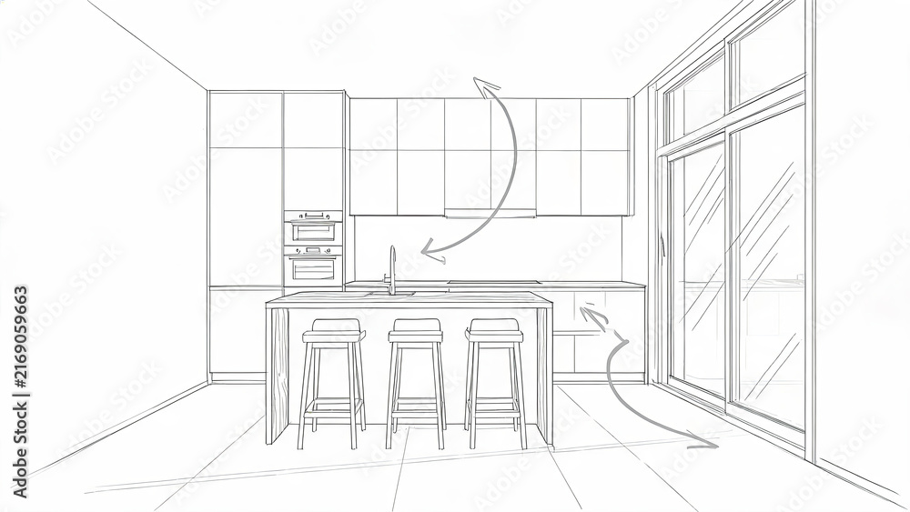 Fototapeta premium A line art sketch of a modern kitchen interior featuring an island, bar stools, wall cabinets, and built-in appliances.