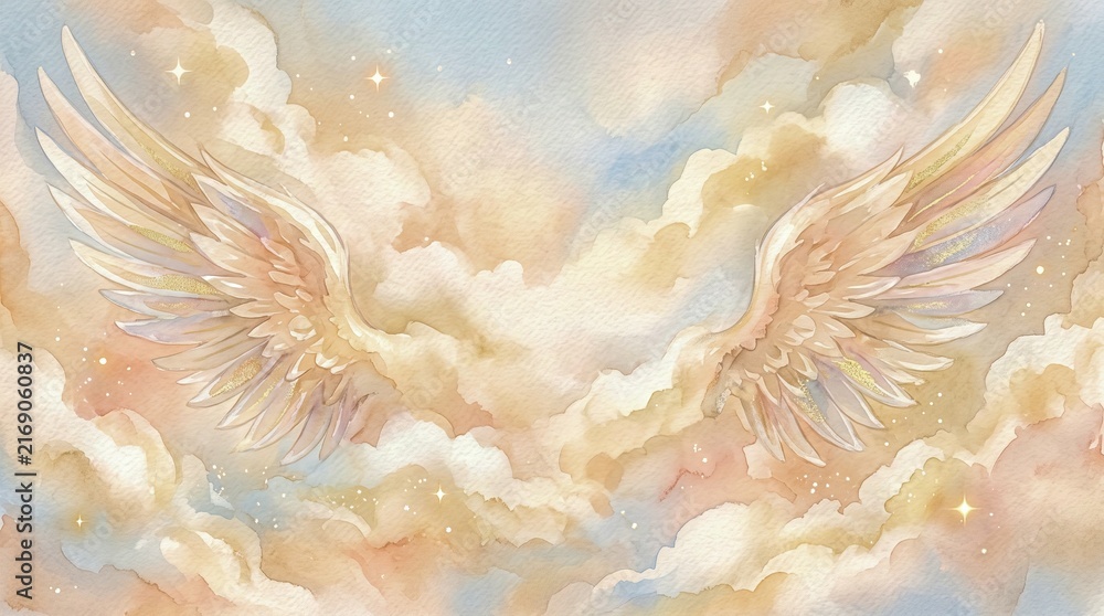 Fototapeta premium Angel wings unfolding above glowing clouds with stars. Christmas watercolor illustration symbolizing hope, faith, protection, spirituality, and heavenly peace with copy space