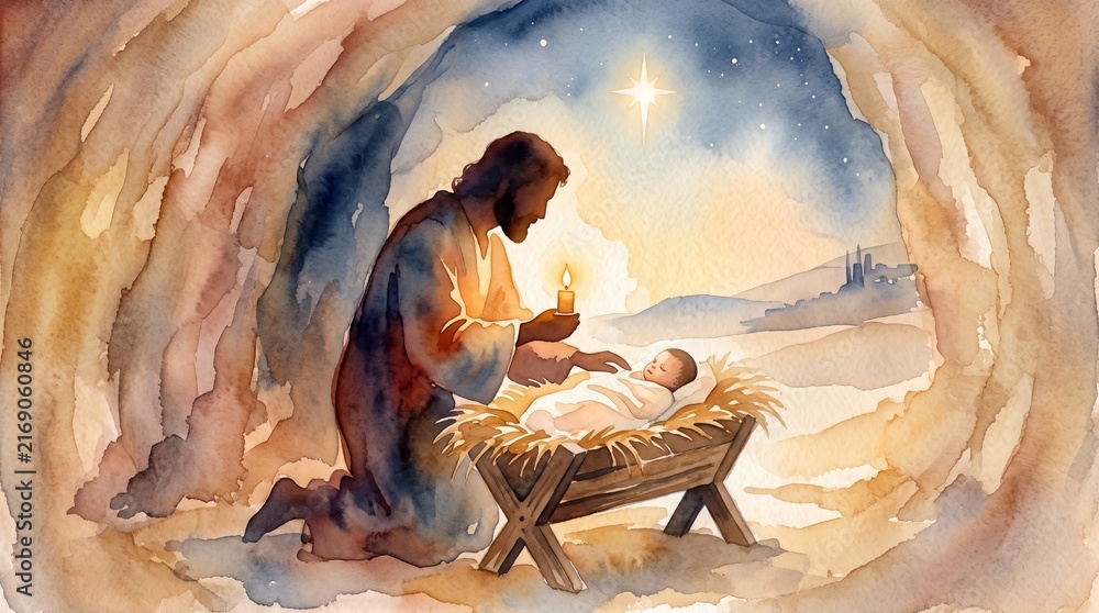 Fototapeta premium Joseph holding a candle beside baby Jesus in a manger. Christmas nativity watercolor illustration with Bethlehem landscape, starry sky, faith and hope