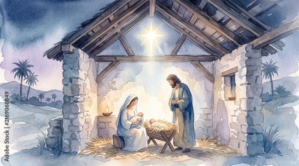 Fototapeta premium Christmas watercolor illustration of the Holy Family beside the newborn baby jesus in a rustic stable beneath the star of Bethlehem. Nativity scene for seasonal greeting card design