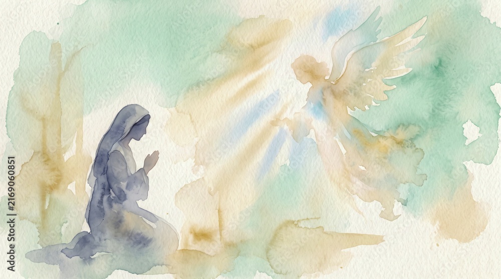 Fototapeta premium Watercolor illustration of Mary kneeling in prayer before an angel during the Annunciation. Christian religious scene with spiritual faith and sacred biblical symbolism