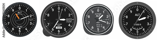 Set of four aircraft altimeter flight instrument gauges isolated on white