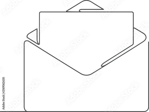 Minimalist continuous line drawing of an open envelope, simple mail icon vector, elegant letter outline for business communication