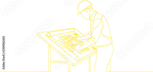 Architect line drawing of engineer at drafting table. Construction professional working on blueprints. Yellow outline vector of builder.