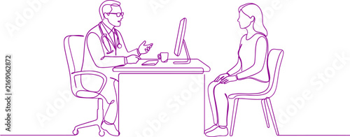 Minimalist doctor consultation line art, purple outline of physician and patient in medical office, healthcare professional vector illustration