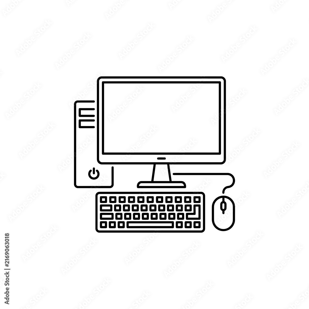 Fototapeta premium Workspace, office equipment and remote work icons. Office supplies, desk accessories and workplace essentials thin line icon set