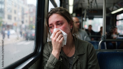 Sad young woman covering her nose with a tissue and crying while riding a public bus