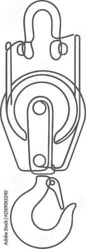Continuous line drawing of industrial pulley with hook, minimalist construction crane block vector, heavy lifting equipment sketch