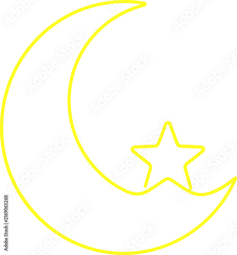 Minimalist yellow crescent moon and star vector, simple celestial outline icon, glowing night sky symbol for nursery and ramadan decor