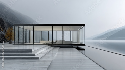 Modern Glass House Overlooking Serene Landscape with Water Reflection