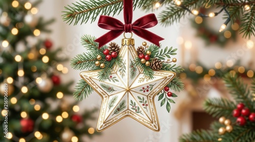 Elegant starshaped christmas ornament hanging with a red velvet bow, decorated with pine branches, pinecones, and red berries on a festive tree background