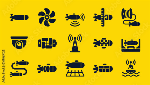 Solid underwater drone and AUV icon set vector symbol collection