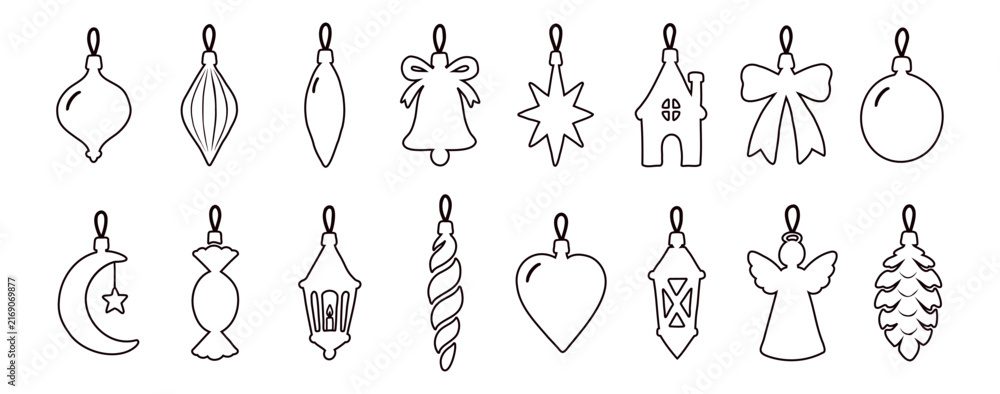 Fototapeta premium Christmas ornament set black outline illustration. Collection of holiday bauble shapes for tree decor. Minimalist winter festive line art icons isolated on white background, New Year decoration
