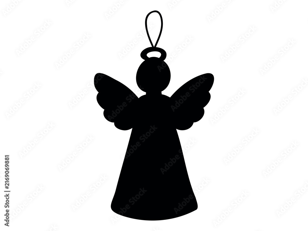 Fototapeta premium Black silhouette of Christmas angel ornament isolated on white background. Flat vector illustration of holy figure for holiday decoration, festive greeting card and religious design icon