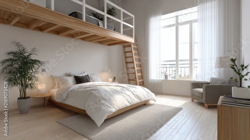 Modern Minimalist Bedroom Interior with Loft Style and Natural Light