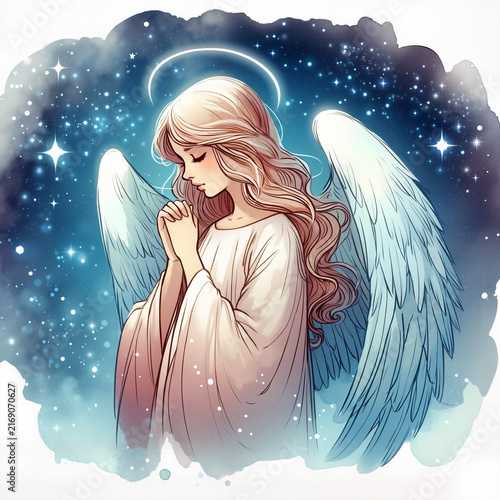 Praying angel with folded hands and luminous wings beneath a starry sky, spiritual illustration symbolizing faith, remembrance, hope and heavenly comfort