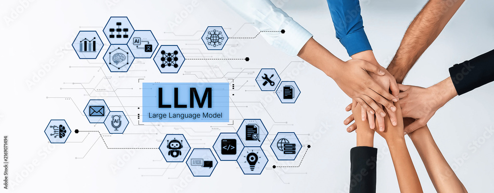 Obraz premium Large Language Model LLM processing data. Represents deep text learning, natural language processing NLP AI tech, transformer architecture, and generative AI deep learning future technology. Corpus