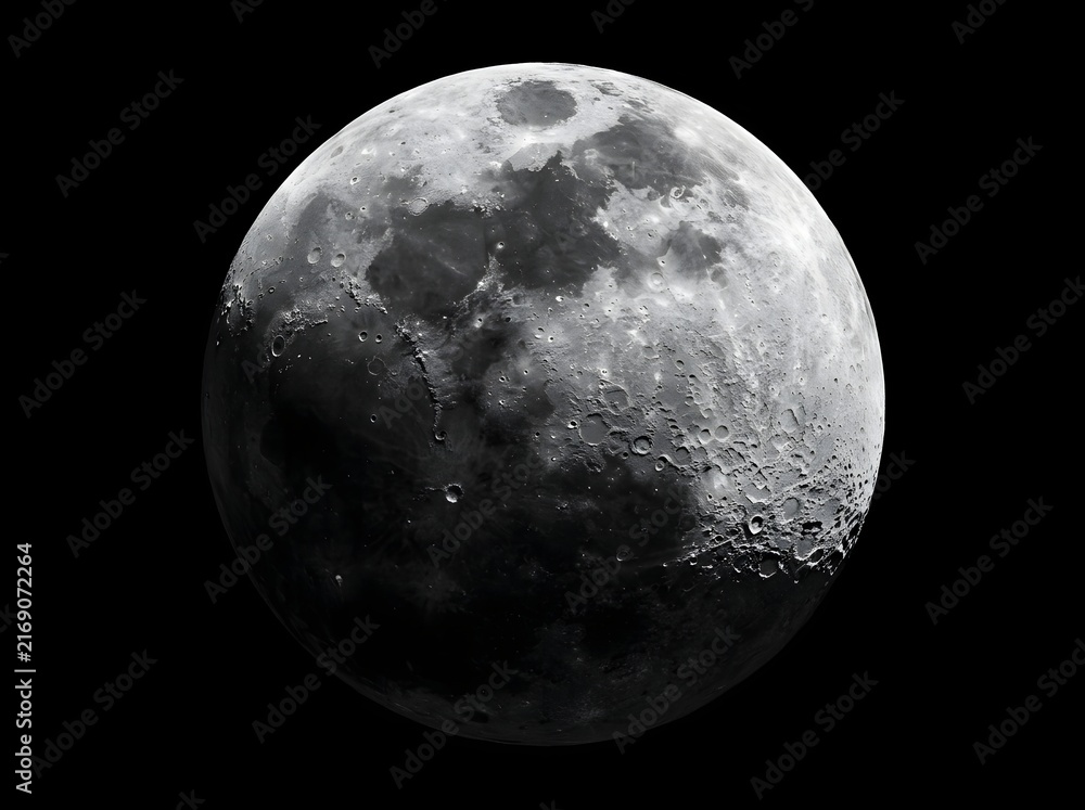 Fototapeta premium Majestic Full Moon Illuminated by Starlight Against Infinite Cosmic Void with Cratered Surface and Dramatic Shadows