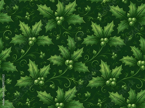 surreal fantasy pattern Christmas Holly leaves with Berries, Monochomatic Green Background Christmas Design