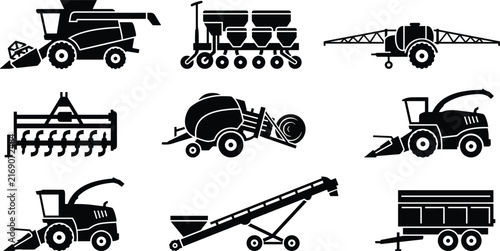 Bild auf Leinwand Agricultural Machinery and Farming Equipment Vector Icon Set Featuring Combine H