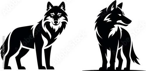 Set of two black and white wolf illustrations featuring stylized wild animals in standing poses for creative graphic design projects