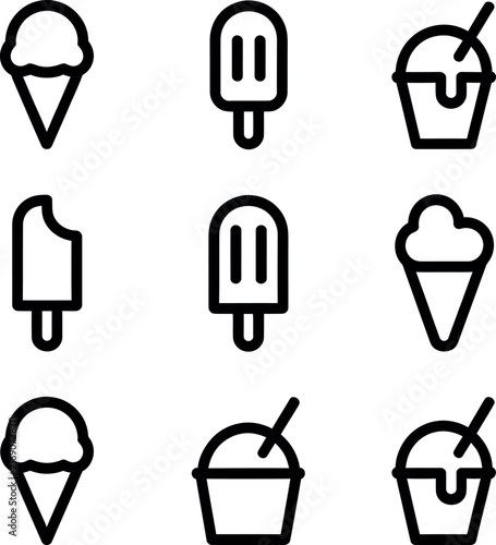 A collection of simple black and white line art icons representing various types of delicious frozen ice cream desserts
