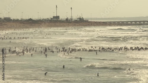 Crowded Beach Casablanca Morocco Atlantic Ocean Horizontal 4K Footage People Swimming Waves Busy Summer Seaside North Africa Travel Coastal Video