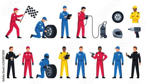 Racing pit stop crew and mechanics vector set with diverse engineers changing tires waving checkered flags holding clipboards and repair equipment illustration