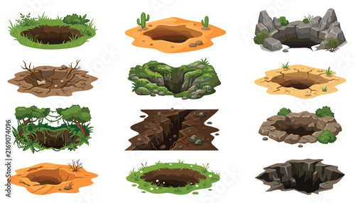 Nature Hole and Ground Pit Vector Set with Desert Cracks Rocky Craters Grass Caverns and Earth Fault Chasm Clipart for Game Environment Designs
