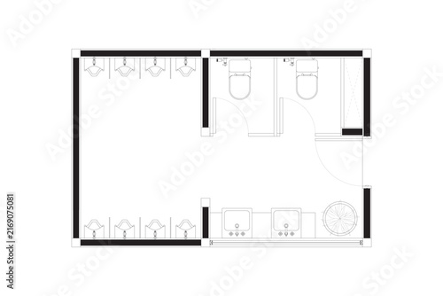 Commercial Public Toilet Floor Plan Architectural CAD Black Lines Vector. 25