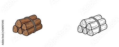 Bundle of wood logs tied with rope in flat colored and line art cartoon vector illustration style on white background
