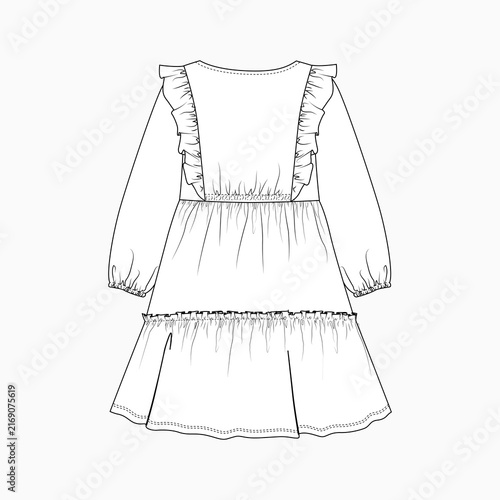 Girl's Long Dress with Double layer Ruffles and full open placket front knot trims