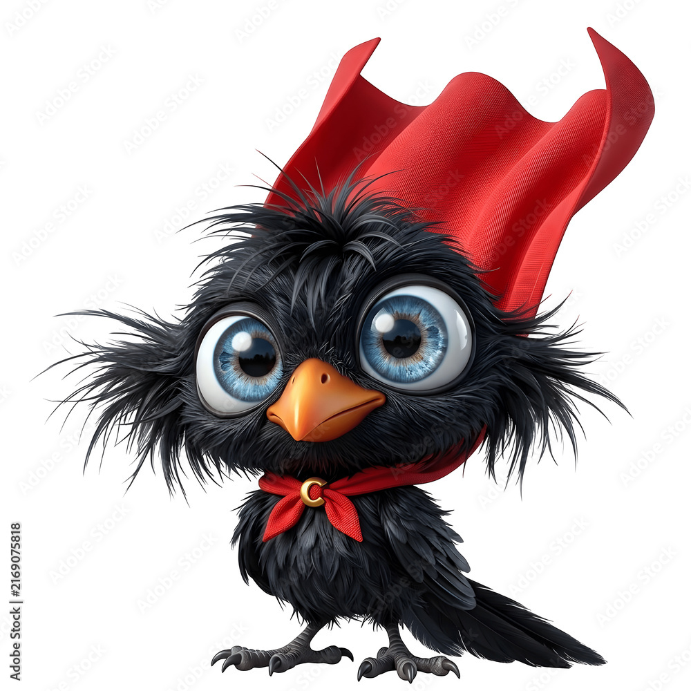 Obraz premium Cute fluffy black bird wearing a red superhero cape on white background with superhero character adventure feathers creature wildlife isolated