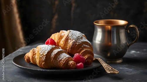 Luxury French Croissants with Fresh Raspberries and Coffee for Elegant Breakfast