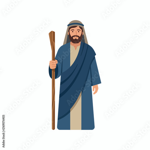 Biblical man in blue robe holding wooden staff AQ