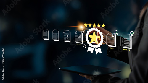 Bild auf Leinwand Digital Certificate Award with Document Icons and Review Stars for Quality Assurance in Business Management and Professional Recognition Settings Fluxor