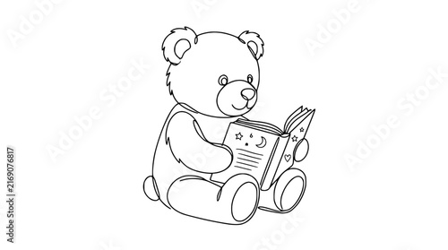 Cute teddy bear reading a book, line art illustration, isolated on white