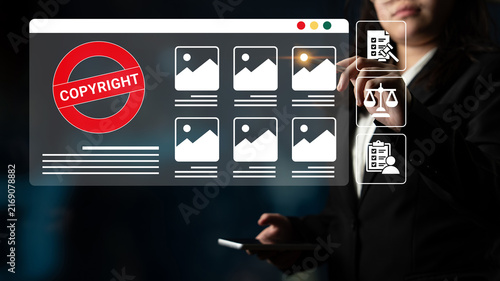Konstfotografi A professional woman engages with a digital copyright interface, highlighting the importance of image ownership and legal integrity in a contemporary business setting