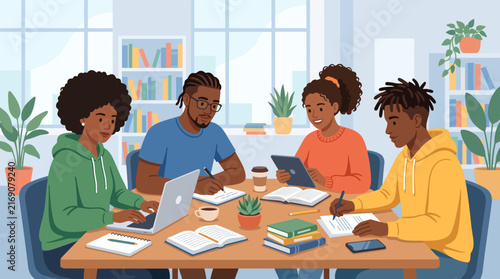 Diverse Students Collaborate in a Study Session: A group of young black students actively engage in learning, studying together around a table filled with books, laptops, and tablets.