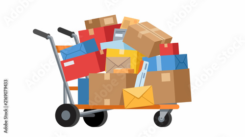 Delivery Cart Overflow: A commercial hand truck is overloaded with a variety of parcels, packages, and envelopes, suggesting a busy day of shipping and logistics.
