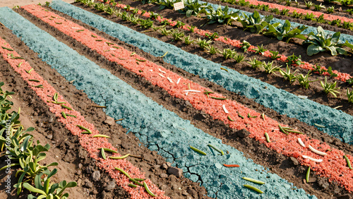 Rows of cultivated plants in a sunny agricultural field