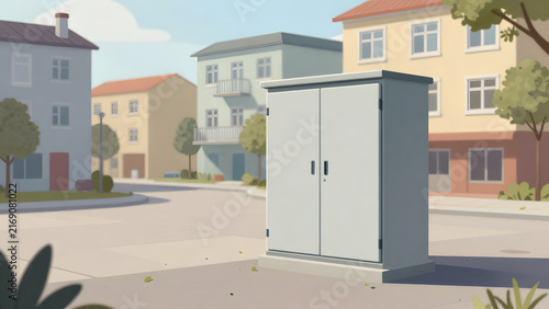 Modern utility box in a suburban street scene