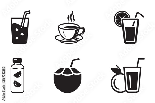Black and white various beverages including a cold drink with ice and straw, a steaming hot coffee cup, detox water, coconut and juice. Vector illustration