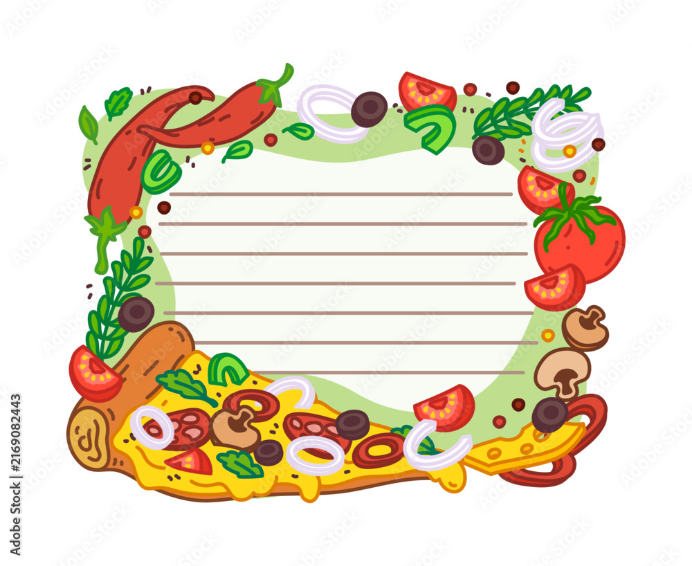 Naklejka premium Funny kids pizza memo note frame template featuring a detailed cartoon pizza slice surrounded by fresh ingredients including tomatoes, mushrooms, chili pepper and herbs. Fun stationery design for kids