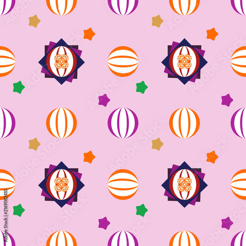 Adorable textile design featuring soft pink background with white orange purple beach balls and multicolor small stars perfect for kids fashion and holiday decoration